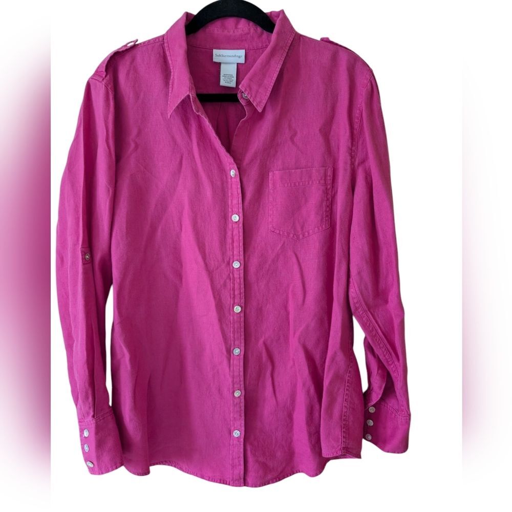 Soft Surroundings Hot Pink Linen Button Down Roll Tab Shirt Size XL‎
